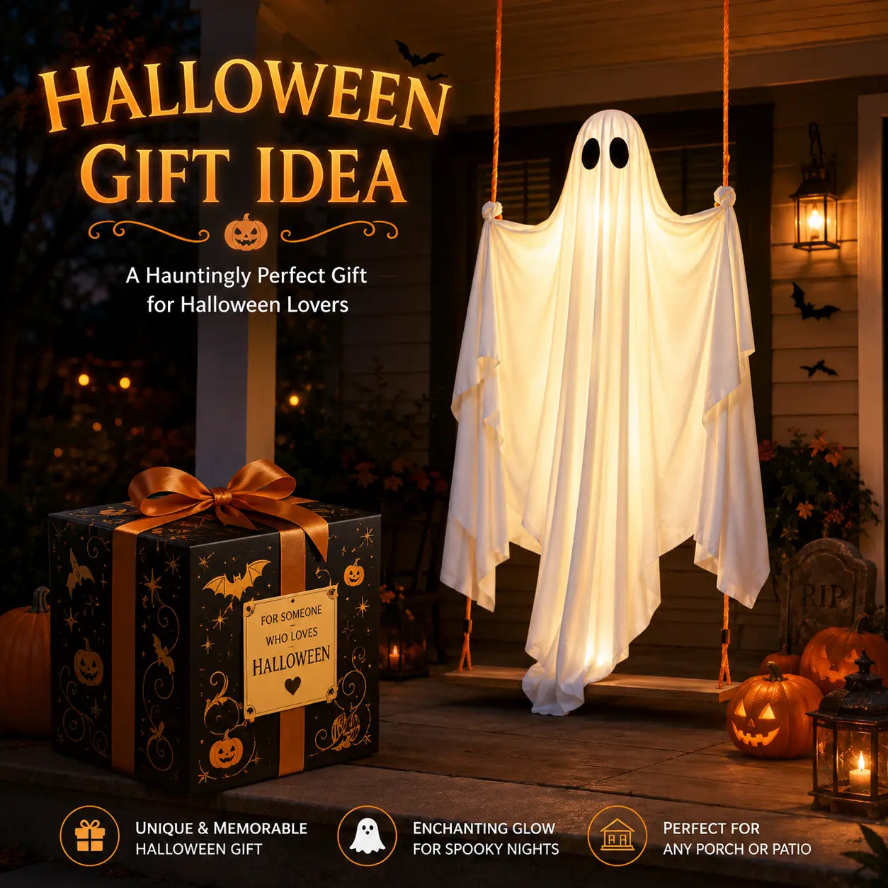 Halloween Hanging Ghost Decorations, 5FT Swing Ghost with Remote Lights, Remote Control with 8 Lighting Modes and LED Lights for Spooky Outdoor Halloween Decor on Porch Yard Garden Lawn