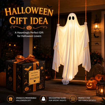 Halloween Hanging Ghost Decorations, 5FT Swing Ghost with Remote Lights, Remote Control with 8 Lighting Modes and LED Lights for Spooky Outdoor Halloween Decor on Porch Yard Garden Lawn