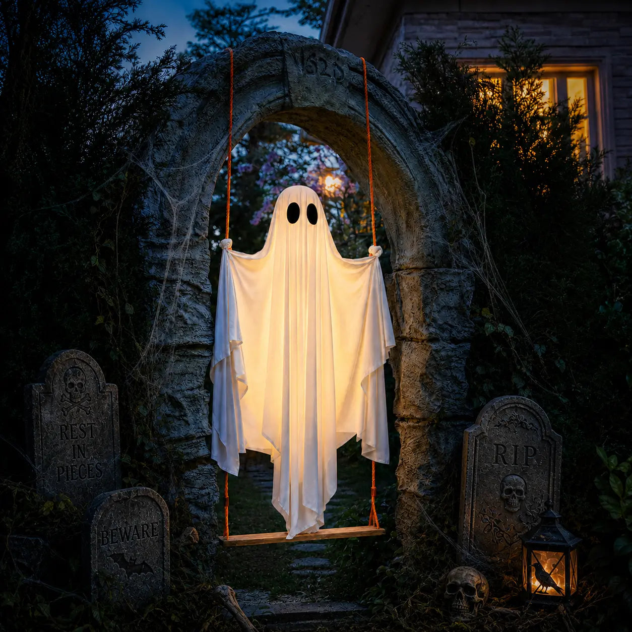 Halloween Hanging Ghost Decorations, 5FT Swing Ghost with Remote Lights, Remote Control with 8 Lighting Modes and LED Lights for Spooky Outdoor Halloween Decor on Porch Yard Garden Lawn