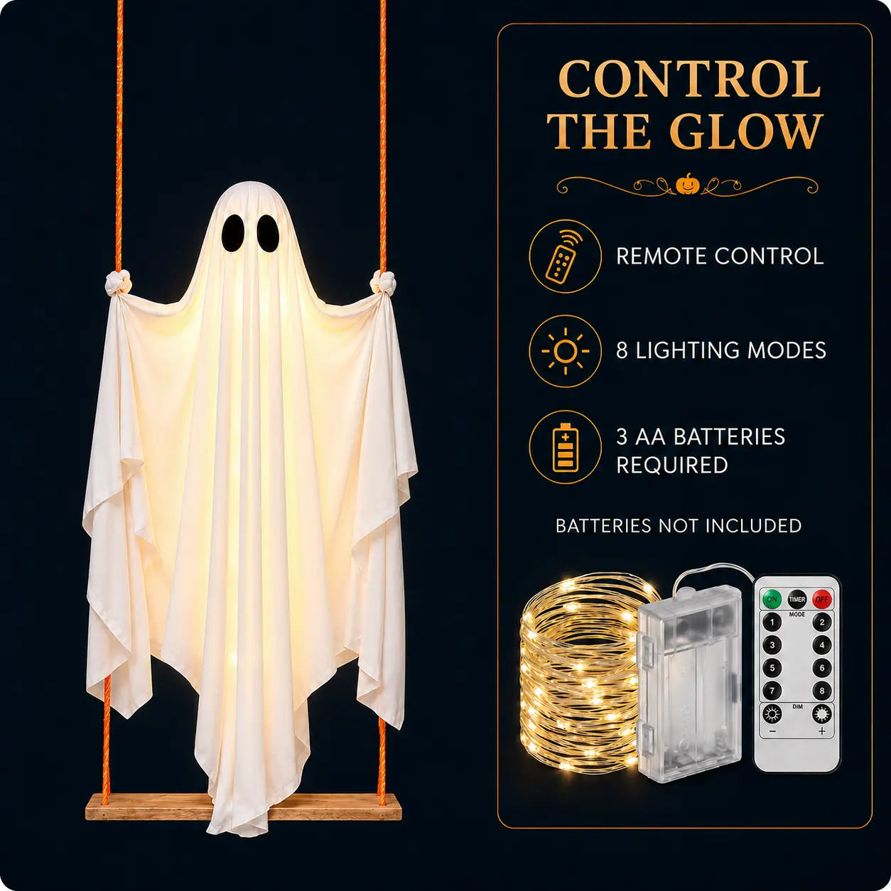 Halloween Hanging Ghost Decorations, 5FT Swing Ghost with Remote Lights, Remote Control with 8 Lighting Modes and LED Lights for Spooky Outdoor Halloween Decor on Porch Yard Garden Lawn