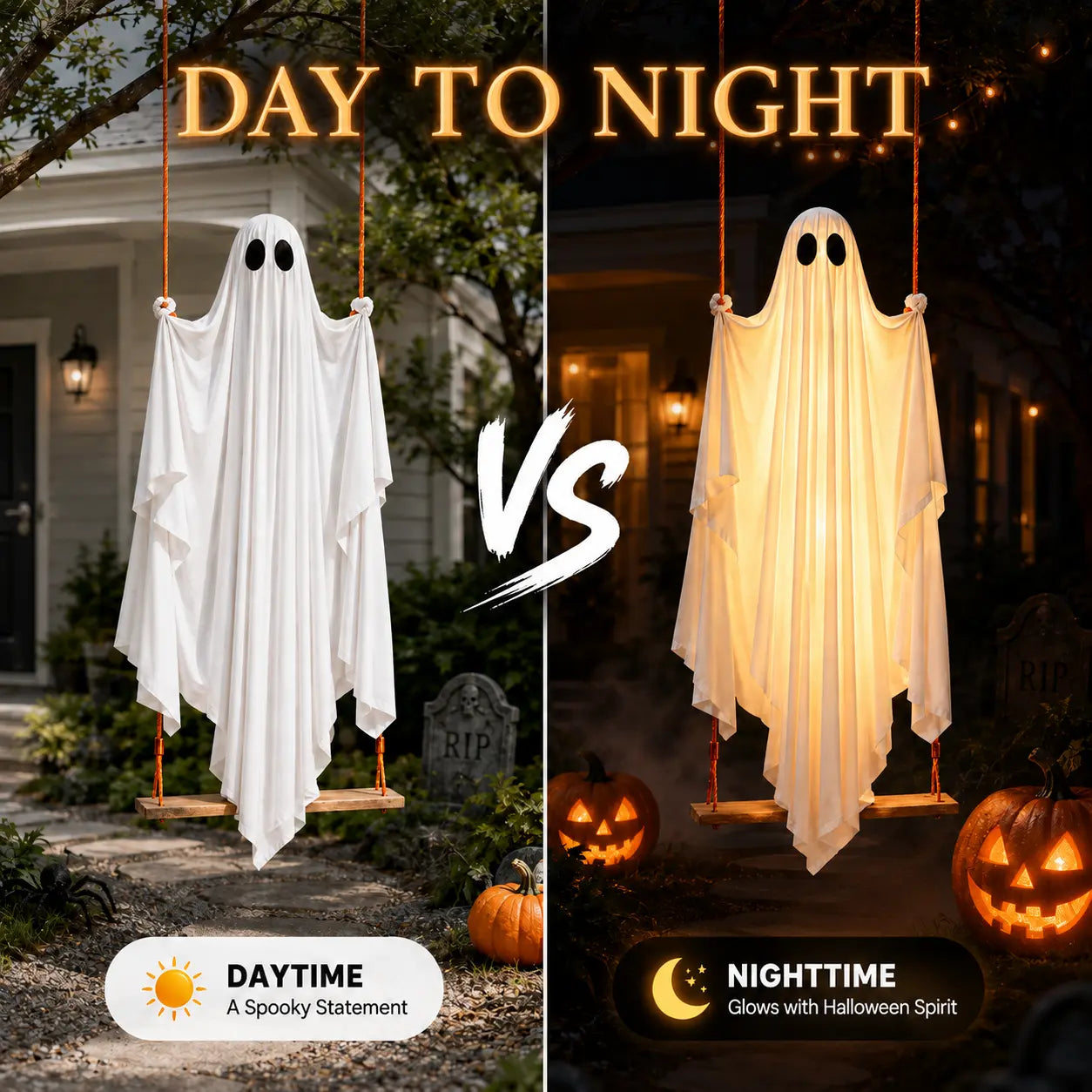 Halloween Hanging Ghost Decorations, 5FT Swing Ghost with Remote Lights, Remote Control with 8 Lighting Modes and LED Lights for Spooky Outdoor Halloween Decor on Porch Yard Garden Lawn
