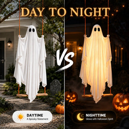 Halloween Hanging Ghost Decorations, 5FT Swing Ghost with Remote Lights, Remote Control with 8 Lighting Modes and LED Lights for Spooky Outdoor Halloween Decor on Porch Yard Garden Lawn