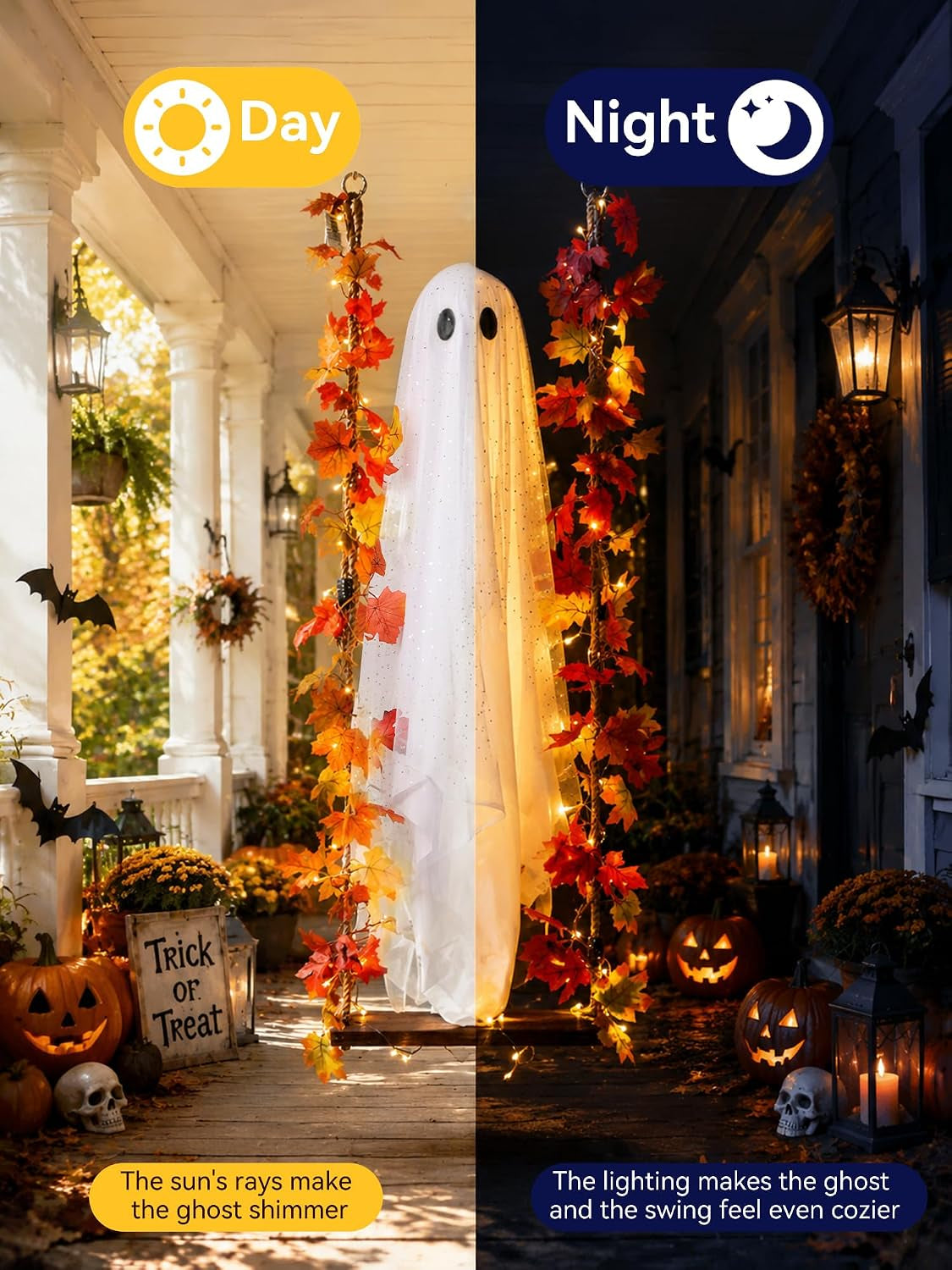 Halloween Decorations Outdoor Indoor-5.3Ft Hanging Ghost Decor with a Maple Leaf 6.6Ft Swing,Ghost Light,Halloween Decor for Tree,Yard,Porch,Garden