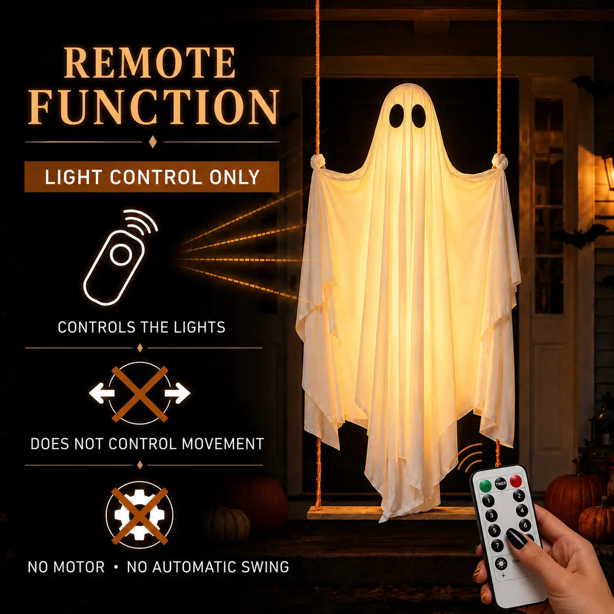 Halloween Hanging Ghost Decorations, 5FT Swing Ghost with Remote Lights, Remote Control with 8 Lighting Modes and LED Lights for Spooky Outdoor Halloween Decor on Porch Yard Garden Lawn