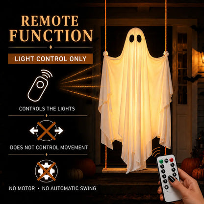 Halloween Hanging Ghost Decorations, 5FT Swing Ghost with Remote Lights, Remote Control with 8 Lighting Modes and LED Lights for Spooky Outdoor Halloween Decor on Porch Yard Garden Lawn