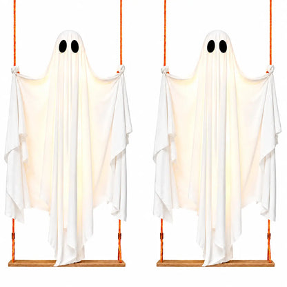 Halloween Hanging Ghost Decorations, 5FT Swing Ghost with Remote Lights, Remote Control with 8 Lighting Modes and LED Lights for Spooky Outdoor Halloween Decor on Porch Yard Garden Lawn