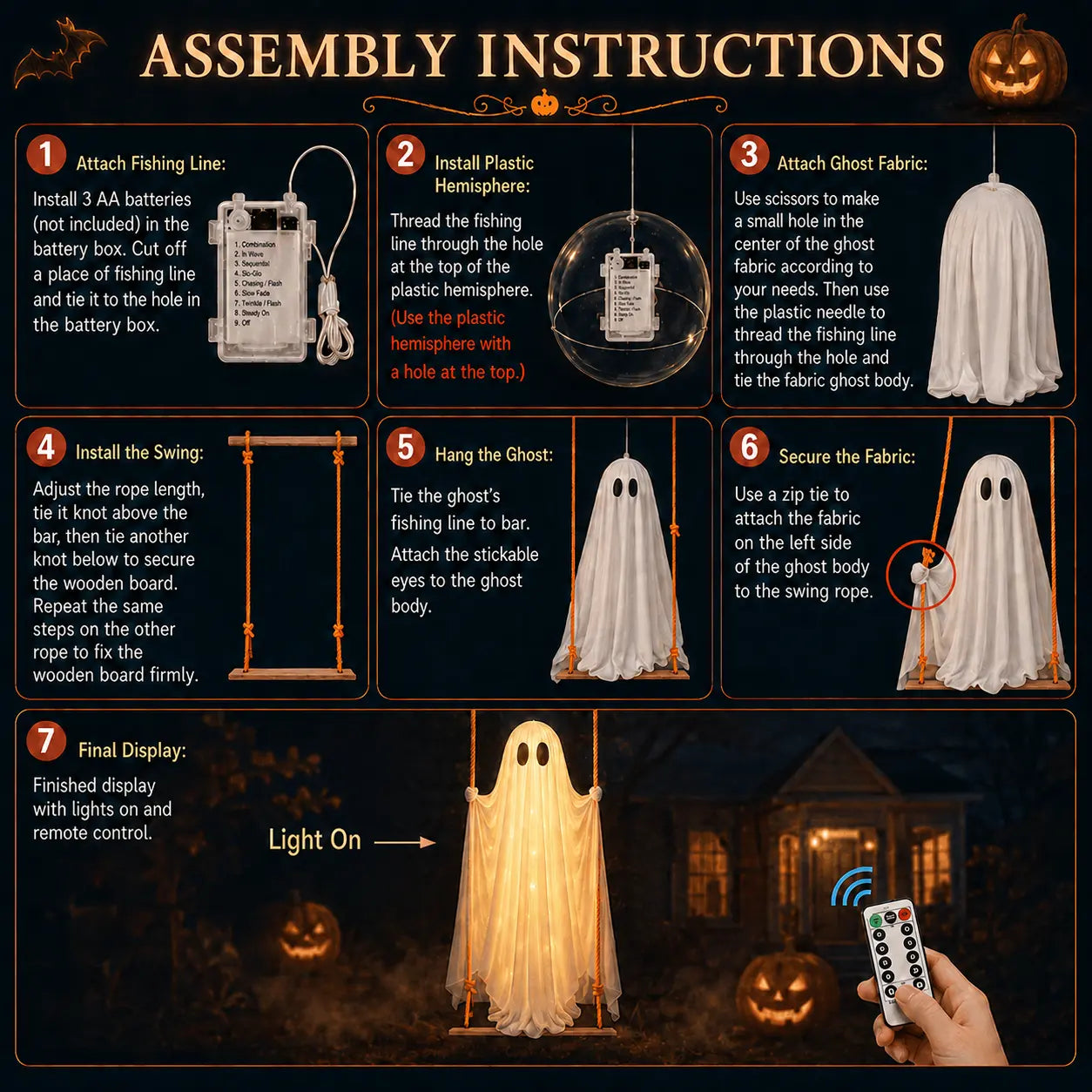 Halloween Hanging Ghost Decorations, 5FT Swing Ghost with Remote Lights, Remote Control with 8 Lighting Modes and LED Lights for Spooky Outdoor Halloween Decor on Porch Yard Garden Lawn