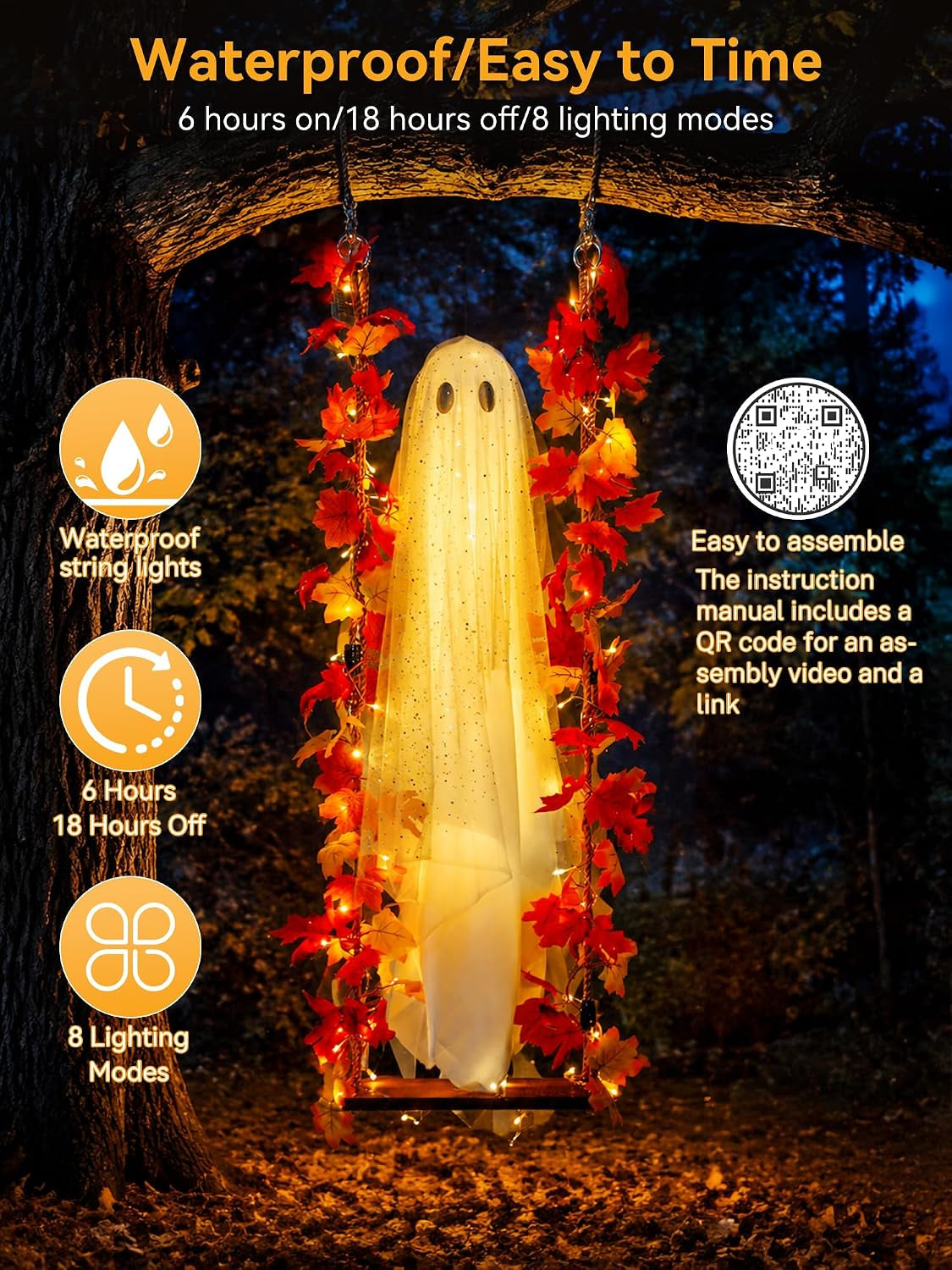 Halloween Decorations Outdoor Indoor-5.3Ft Hanging Ghost Decor with a Maple Leaf 6.6Ft Swing,Ghost Light,Halloween Decor for Tree,Yard,Porch,Garden