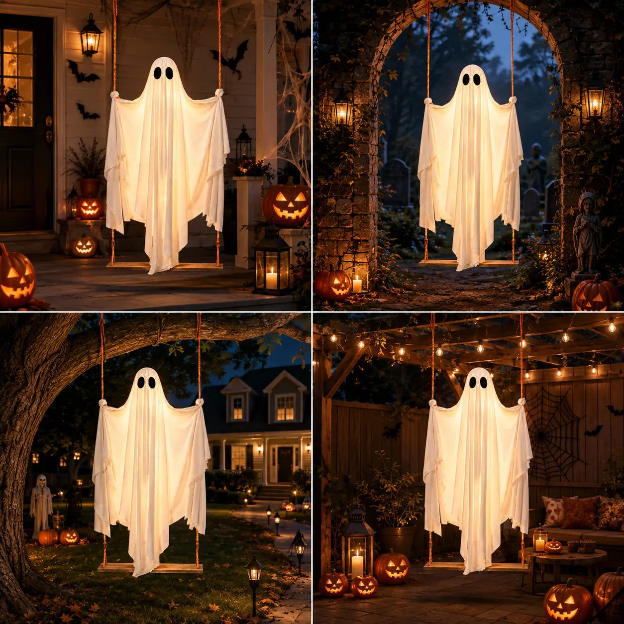 Halloween Hanging Ghost Decorations, 5FT Swing Ghost with Remote Lights, Remote Control with 8 Lighting Modes and LED Lights for Spooky Outdoor Halloween Decor on Porch Yard Garden Lawn