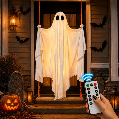 Halloween Hanging Ghost Decorations, 5FT Swing Ghost with Remote Lights, Remote Control with 8 Lighting Modes and LED Lights for Spooky Outdoor Halloween Decor on Porch Yard Garden Lawn