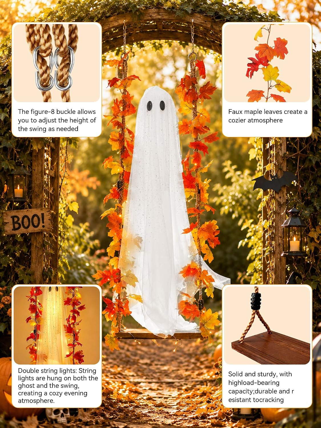 Halloween Decorations Outdoor Indoor-5.3Ft Hanging Ghost Decor with a Maple Leaf 6.6Ft Swing,Ghost Light,Halloween Decor for Tree,Yard,Porch,Garden