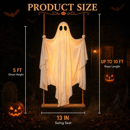 Halloween Hanging Ghost Decorations, 5FT Swing Ghost with Remote Lights, Remote Control with 8 Lighting Modes and LED Lights for Spooky Outdoor Halloween Decor on Porch Yard Garden Lawn