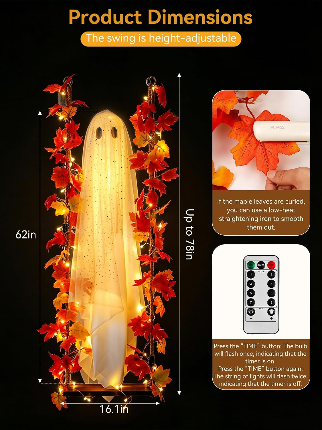 Halloween Decorations Outdoor Indoor-5.3Ft Hanging Ghost Decor with a Maple Leaf 6.6Ft Swing,Ghost Light,Halloween Decor for Tree,Yard,Porch,Garden
