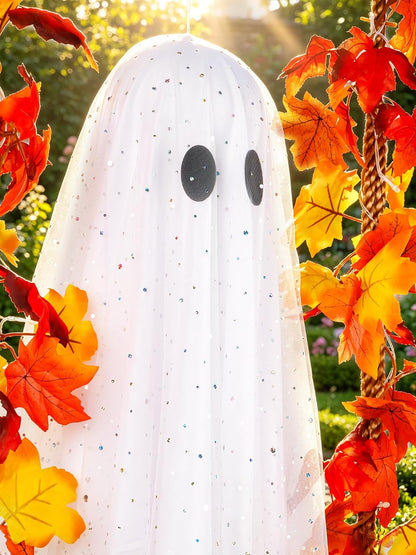 Halloween Decorations Outdoor Indoor-5.3Ft Hanging Ghost Decor with a Maple Leaf 6.6Ft Swing,Ghost Light,Halloween Decor for Tree,Yard,Porch,Garden